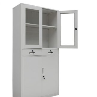 2-Door Glass & Steel Office Filing Cabinet with Center Drawers