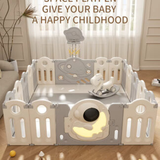 Space-Themed foldable baby playpen with a built-in basketball hoop